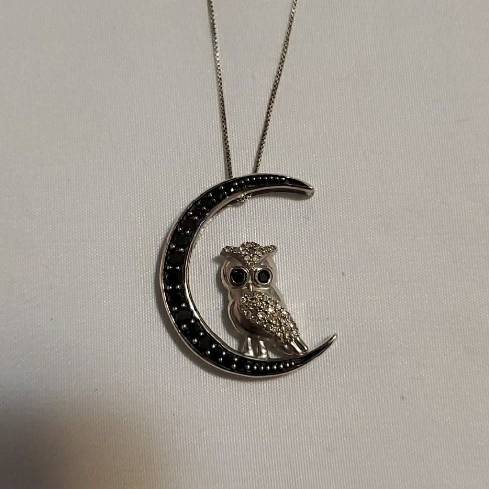 Black and white 1/2 CT owl and moon necklace
